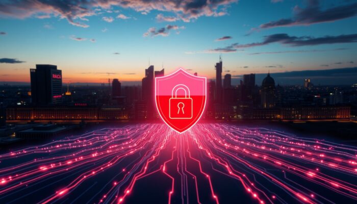 Futurystyczny krajobraz Polski o zmierzchu: ?wiec?ca tarcza kluczy szyfrowania broni przed cyberatakami. Bezpieczne strumienie danych pod flag? polsk?, symbol RODO.