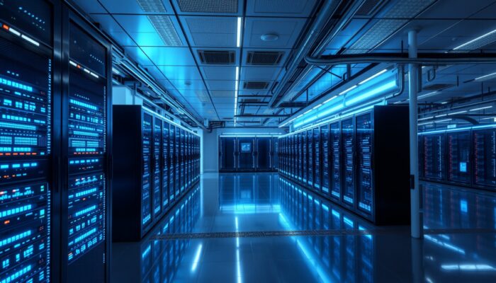 Futurystyczne centrum danych w Polsce: serwery z niebieskimi ?wiat?ami, architektury GPU, obliczenia równoleg?e, sieci AI i integracje chmurowe, symbol innowacji.