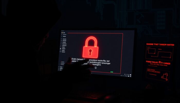Cienista figura hakera manipuluje ?wiec?cym ekranem z zablokowanymi plikami i polsk? not? okupu, symbolizuj?c zagrożenia ransomware dla firm w Polsce.