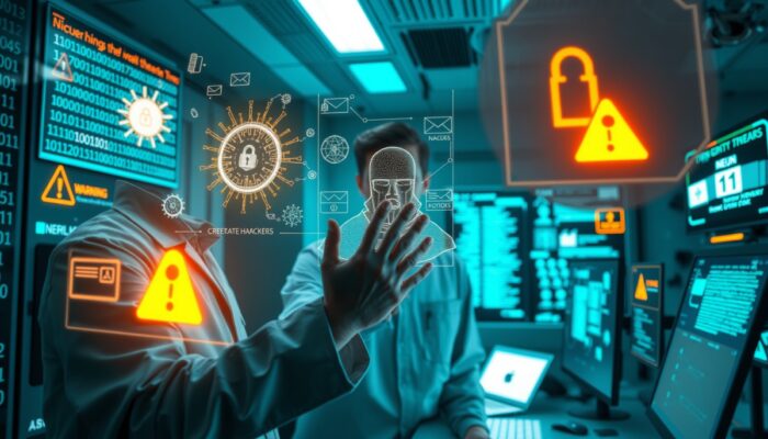 Ekspert cyberbezpiecze?stwa w zaawansowanym laboratorium bada holograficzny wy?wietlacz zagroże?, otoczony ekranami kodu binarnego i ikonami ostrzegawczymi.