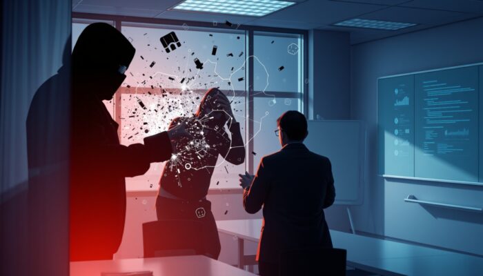 Dramatyczna ilustracja ataku hakerskiego na polskie biuro: hakerzy ?ami? firewalle, dane finansowe rozlewaj? si? jak szk?o, pracownicy szkol? si? w cyberbezpiecze?stwie.