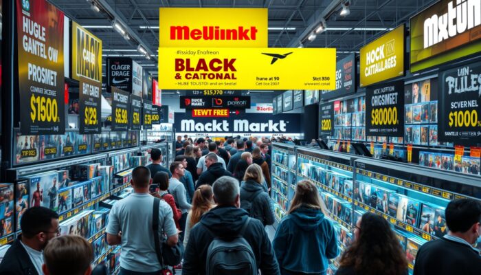 Sklep Media Markt w Black Friday: t?umy podekscytowanych graczy przegl?daj? przecenione gry konsolowe z jaskrawymi banerami wyprzedaży.