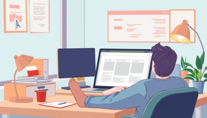 Wibruj?ca ilustracja zrelaksowanego polskiego użytkownika przy nowoczesnym biurku, przegl?daj?cego laptop z blokad? reklam i szybkim ?adowaniem stron.