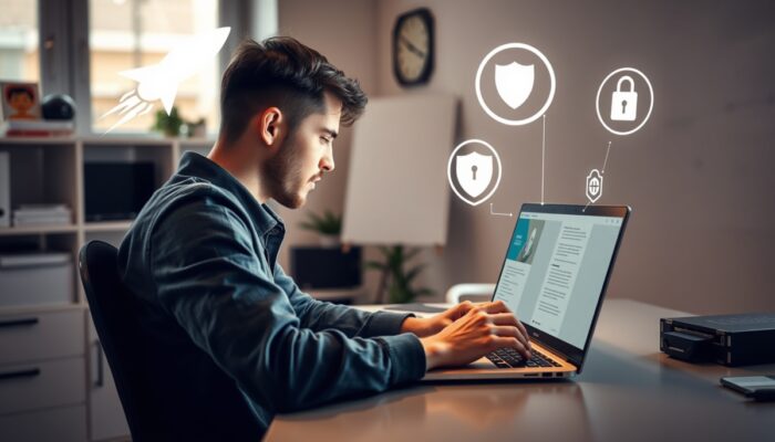 Skoncentrowany polski użytkownik internetu przy biurku, przegl?daj?cy czyst? stron? na laptopie, z symbolami rakiety, tarczy i k?ódek unosz?cymi si? wokó? w jasnym pokoju.