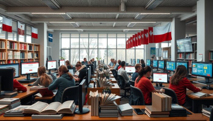 Różnorodni studenci w nowoczesnej polskiej bibliotece przy komputerach: kursy Coursera, tutoriale YouTube, otwarte ksi?żki, blogi programistyczne i flagi narodowe.