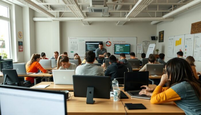 Ożywiona sala lekcyjna w Krakowie: entuzjastyczni pocz?tkuj?cy na bootcampie programowania, koduj?cy z mentorami w?ród ekranów kodu i plakatów motywacyjnych.
