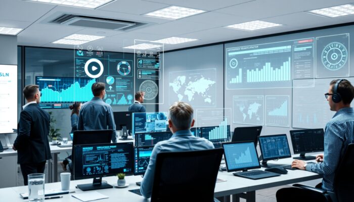 Nowoczesne biuro IT w Warszawie z holograficznymi interfejsami AI, wy?wietlaj?cymi dane i wykresy automatyzacji, podczas gdy specjali?ci analizuj? wgl?dy dla efektywnych decyzji i prognoz rynkowych.