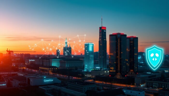 Futurystyczny skyline Warszawy o zmierzchu: ?wiec?ce sieci neuronowe AI, urz?dzenia IoT w budynkach, roboty automatyzuj?ce procesy i cyfrowe tarcze bezpiecze?stwa, symbolizuj?ce polsk? innowacj? i rozwój.