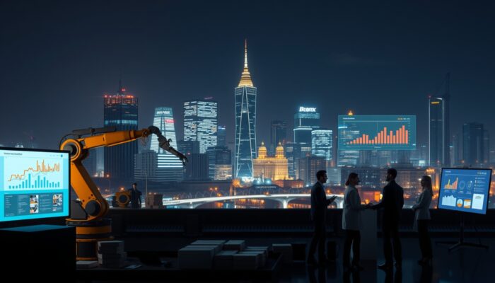 Futurystyczny skyline Warszawy noc?: huby logistyczne AI z robotami sortuj?cymi paczki, ekrany danych i wspó?pracuj?cy profesjonali?ci symbolizuj?cy optymalizacj? biznesow?.