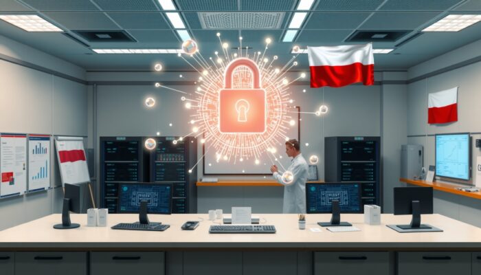 Futurystyczne laboratorium badawcze na Uniwersytecie Warszawskim: naukowcy nad bezpiecze?stwem danych kwantowych, unosz?ce si? holograficzne kubity, polskie flagi, tablice strategii i partnerzy mi?dzynarodowi, symbolizuj?ce innowacj? i ochron?.