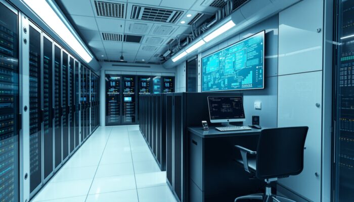 Futurystyczne centrum danych w Warszawie: eleganckie serwery przetwarzaj?ce ogromne dane z duż? pr?dko?ci?, skalowalne sieci i zaawansowane zabezpieczenia.