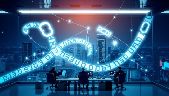 Futurystyczny skyline Warszawy z cyfrowymi sieciami oplecionymi ?a?cuchami RODO, symbolizuj?cymi regulacje; zespo?y agile adaptuj? systemy w hi-tech pomieszczeniu.