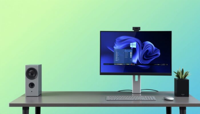 Nowoczesne biurko z konfiguracj? dwóch monitorów: ekranem g?ównym i drugim Full HD (1920x1080), z zoptymalizowanymi ustawieniami Windows dla komfortu pracy.