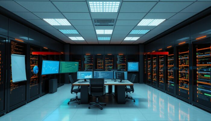 Nowoczesna serwerownia w Warszawie: deweloperzy analizuj? kod na ekranach, optymalizuj?c wydajno?? aplikacji za pomoc? narz?dzi i wykresów zasobów.