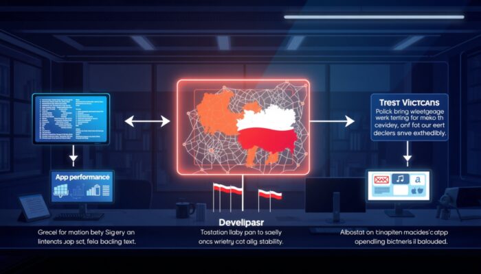 Dynamiczny schemat blokowy etapów optymalizacji aplikacji: deweloperzy analizuj? kod, testy w mapie sieci polskiej z flagami, przegl?dy dla stabilno?ci w futurystycznym ?rodowisku.