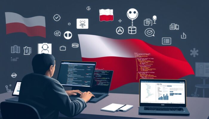 Polski deweloper w Warszawie instaluje Git na laptopie Windows, otoczony repozytoriami, ikonami wspó?pracy i flag? Polski.