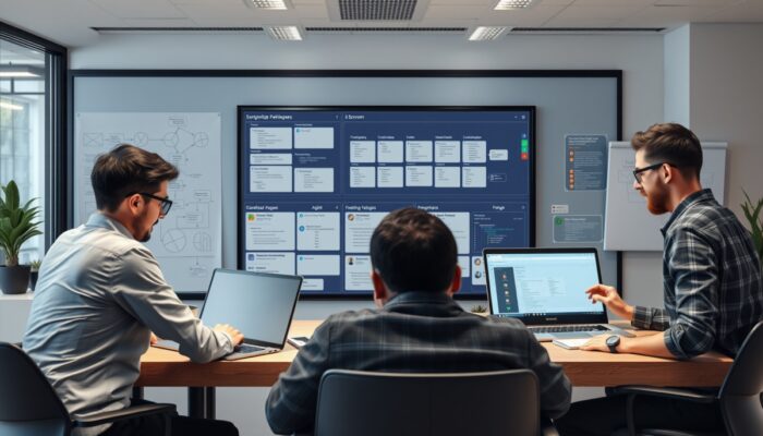 Nowoczesne biuro IT w Warszawie: deweloperzy wspó?pracuj? przy tablicy Scrum, przegl?daj? kod na laptopach i wdrażaj? Agile z Kanbanem.