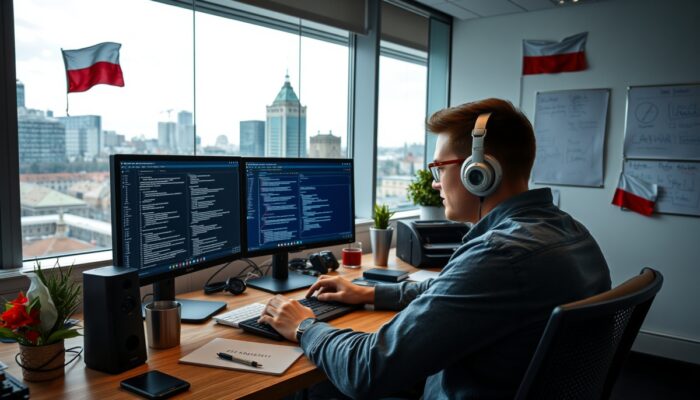 Deweloper w nowoczesnym biurze z widokiem na Warszaw? debuguje e-commerce w Chrome i Firefox, z logami, kaw? i flagami.