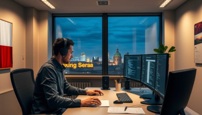Polski programista w nowoczesnym biurze w Warszawie, otoczony narz?dziami debugowania, z flag? i panoram? miasta pod o?wietleniem LED.