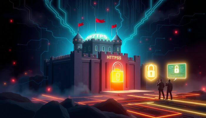 Cyfrowa forteca symbolizuj?ca bezpiecze?stwo web, z ?wiec?cymi zamkami HTTPS, zaszyfrowanymi danymi, tarczami firewall i strażnikami kodu odpieraj?cymi hakerów w neonowym krajobrazie.