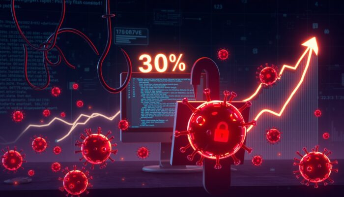 Haki phishingowe atakuj?ce ekran developera, wirusy kodu rozprzestrzeniaj?ce si? jak pożar, z wykresem wzrostu o 30% w tle, podkre?laj?cym pilne wzmocnienie bezpiecze?stwa.