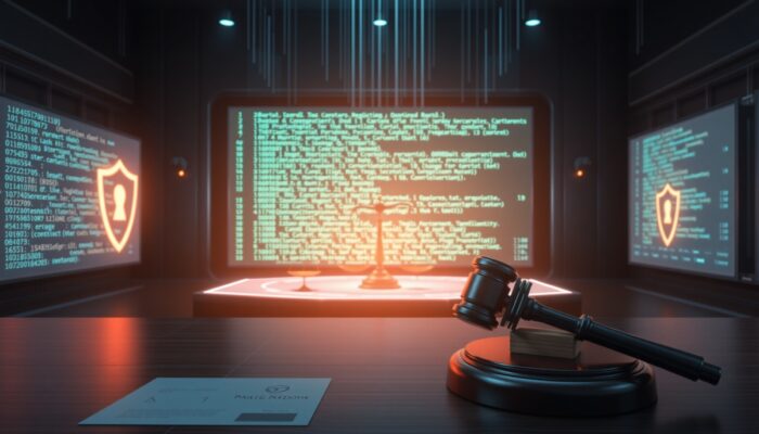 Cyfrowa sala s?dowa z przewijaj?cym si? hologramowym kodem web, strzeżonym tarczami, wagami i m?otkiem s?dziego w tle cybernetycznym.