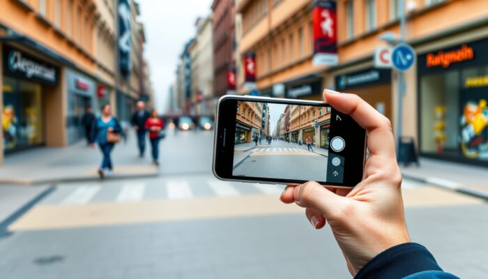 Użytkownik na żywej ulicy Warszawy trzyma smartfon z aktywnym AR: kamera skanuje otoczenie, czujniki lokalizuj? obiekty, wy?wietlacz nak?ada cyfrowe elementy.