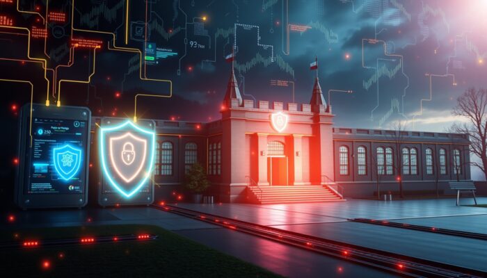 Twierdza cyfrowa w Polsce z tarczami blokuj?cymi malware i phishing, atak ransomware na budynek firmy, podkre?laj?c ochron? dla biznesu i osób prywatnych.