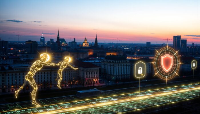 Futurystyczna panorama Warszawy o zmierzchu: AI atakuje z?ożone sieci, a innowacyjne tarcze i hologramy edukacyjne przeciwdzia?aj? zagrożeniom.