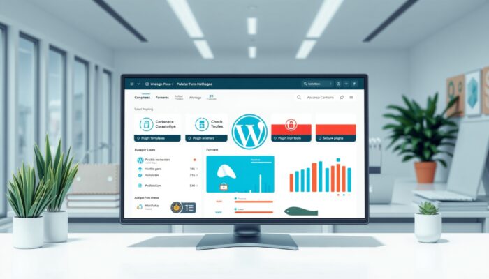 Dynamiczny panel CMS WordPress z intuicyjnym interfejsem, opcjami po polsku, szablonami, ikonami wtyczek, narz?dziami e-commerce i zabezpieczeniami na ekranie w jasnym biurze.