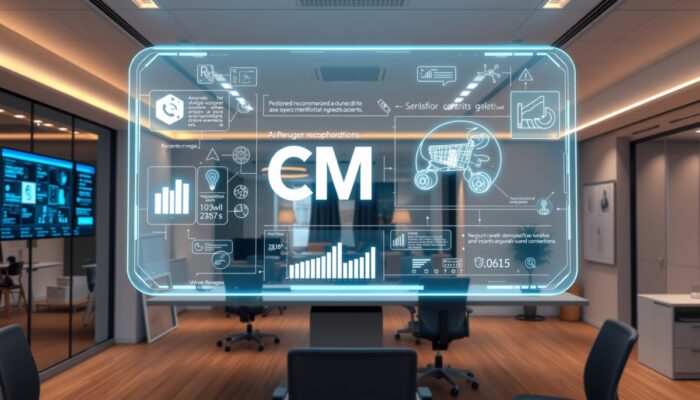 Futurystyczny interfejs AI w nowoczesnym biurze w Warszawie: hologramy z rekomendacjami e-commerce, analiz? zachowa? użytkowników i automatycznym dostosowaniem tre?ci na 2026 rok.