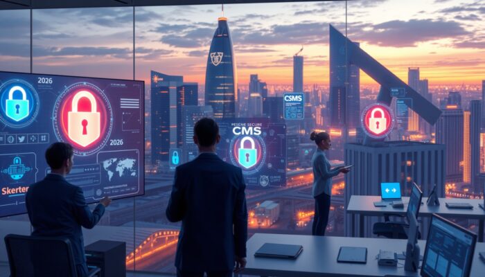 Futurystyczny krajobraz polskiego miasta w 2026 roku z bezpiecznymi interfejsami CMS, cyfrowymi zamkami, tarczami uwierzytelniania i odznakami RODO w nowoczesnym biurze.