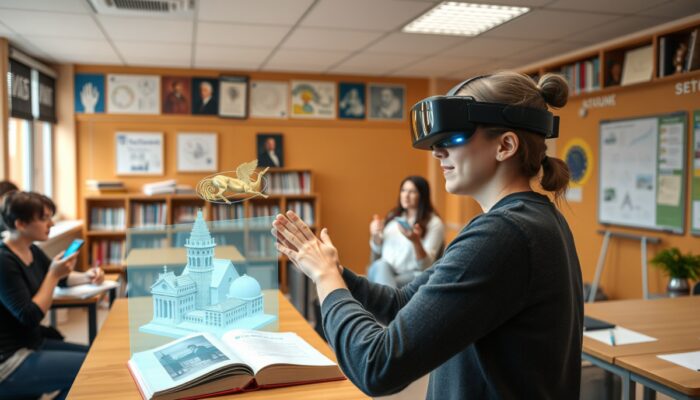 W polskiej sali lekcyjnej student w Microsoft HoloLens interakcjonuje z holograficznymi modelami historycznych artefaktów, a koledzy używaj? aplikacji jak IKEA Place do prezentacji biznesowych.