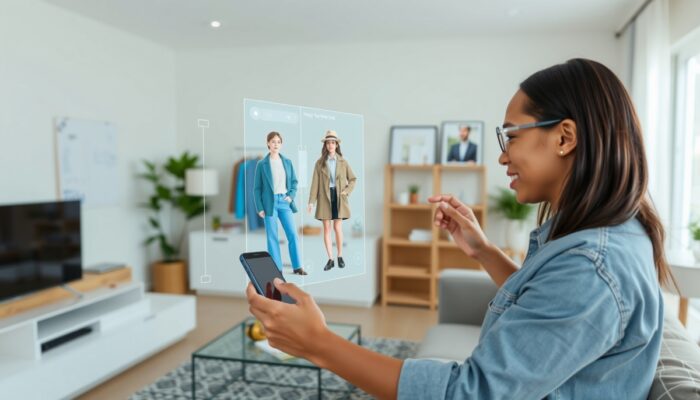 Użytkownik w nowoczesnym salonie korzysta z AR na smartfonie, przymierza ubrania wirtualnie i wizualizuje meble w pomieszczeniu.