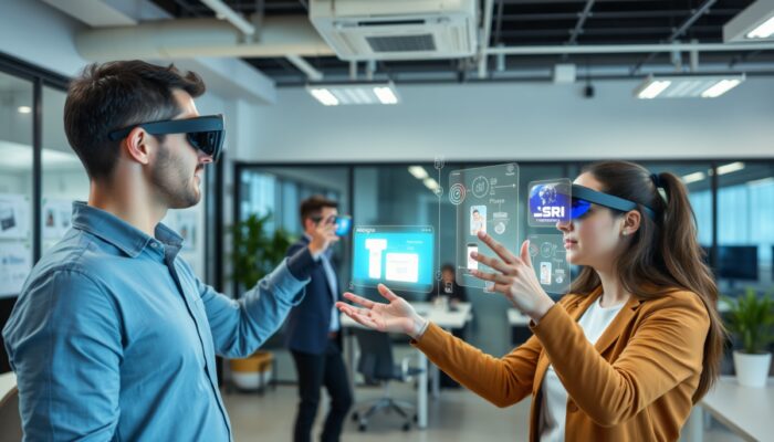 W nowoczesnym biurze profesjonali?ci używaj? okularów AR do interaktywnych szkole? i prezentacji, prezentuj?c aplikacje Allegro i Empik z hologramami wirtualnych produktów.