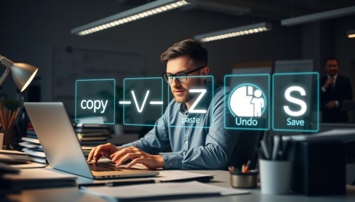 Profesjonalista w nowoczesnym polskim biurze używa skrótów klawiaturowych na laptopie; holograficzne ikony pokazuj? Ctrl+C, Ctrl+V, Ctrl+Z i Ctrl+S.