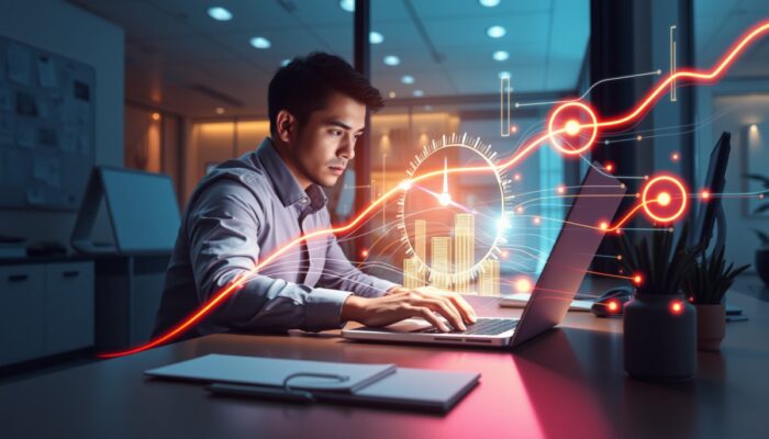 Zdeterminowany profesjonalista przy nowoczesnym biurku szybko używa skrótów klawiaturowych na pod?wietlonym laptopie, z liniami pr?dko?ci i wykresami efektywno?ci, symbolizuj?c zaoszcz?dzony czas w biurze high-tech.