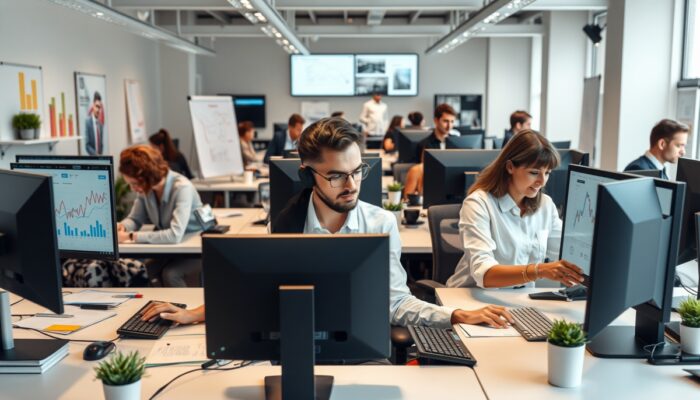 Nowoczesne biuro w Polsce: profesjonali?ci z mediów i reklamy używaj? skrótów klawiszowych, wykresy pokazuj? redukcj? b??dów i wzrost produktywno?ci.