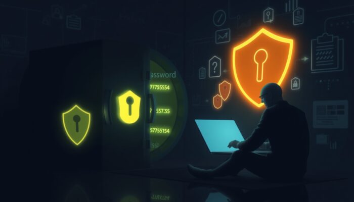 Bezpieczna cyfrowa skrytka z zaszyfrowanymi has?ami, polski użytkownik na laptopie generuje i przechowuje nowe, otoczony tarczami blokuj?cymi hakerów w nowoczesnym krajobrazie cybernetycznym.