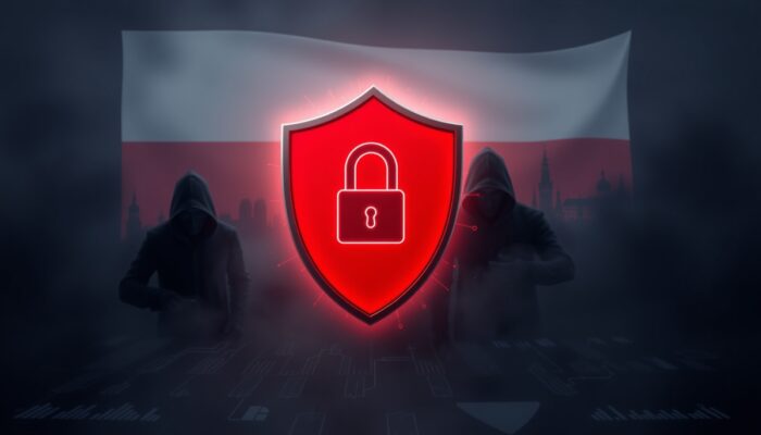 ?wiec?ca tarcza menedżera hase? broni przed cieniastymi hakerami phishingowymi we mgle cyfrowej, z flag? polsk? i skyline'em Warszawy w tle.