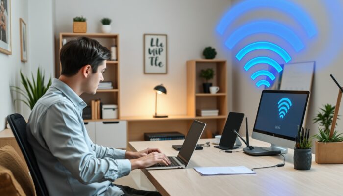 Skupiony profesjonalista w nowoczesnym polskim biurze domowym monitoruje Wi-Fi na laptopie, z niebieskimi falami z routera symbolizuj?cymi stabilno??.
