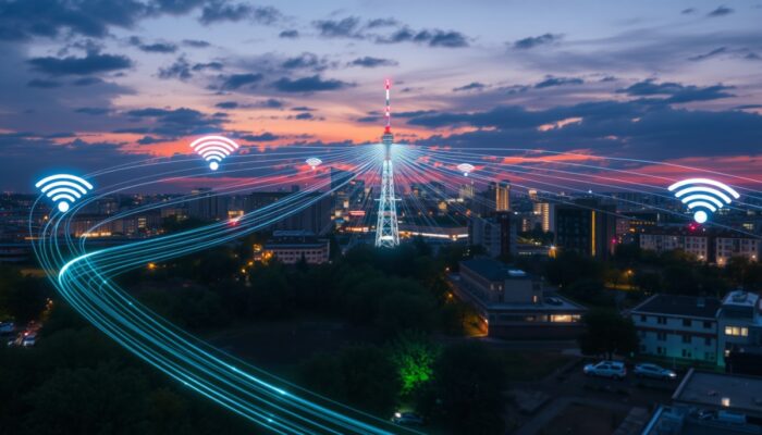 Nowoczesne miasto polskie o zmierzchu: holograficzne sygna?y Wi-Fi z urz?dze? do wieży, ilustruj?ce niski ping jako szybkie ?lady i wysok? przepustowo?? jako grube fale.