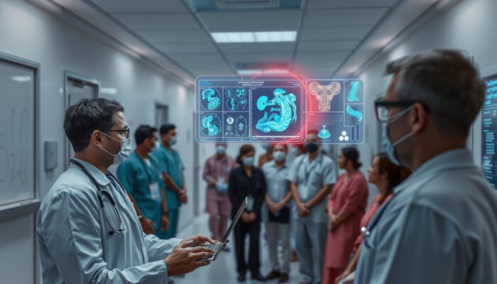 Lekarz w nowoczesnym szpitalu korzysta z laptopa z AI od ePliki.com.pl do analizy ?wiec?cych skanów medycznych na holograficznych ekranach, co symbolizuje szybsze wykrywanie chorób i innowacje w opiece zdrowotnej.