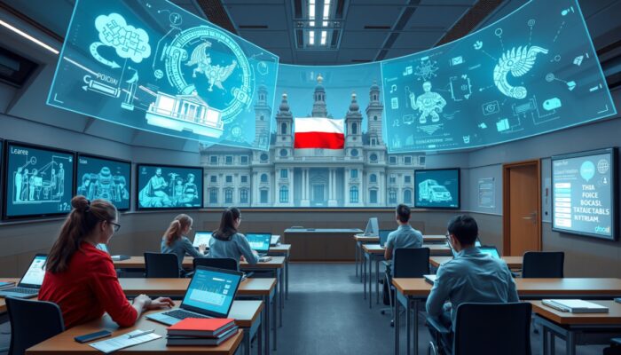 Futurystyczna klasa w Polsce: uczniowie z hologramami AI, tre?ci edukacyjne, architektura Warszawy, ekrany, laptopy, ksi?żki i flaga narodowa.