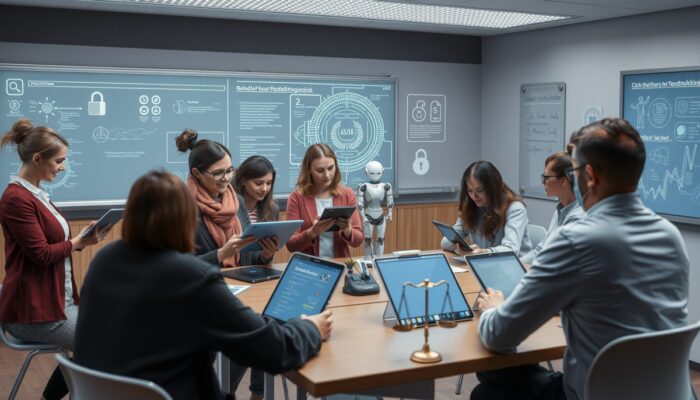 Futurystyczna sala lekcyjna w Polsce: nauczyciele w zróżnicowanej grupie, używaj?cy hologramów AI i robotów, inni walcz?cy z tabletami; symbole bezpiecze?stwa danych i etyki.