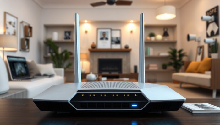 Nowoczesny router do inteligentnego domu z zewn?trznymi antenami, wieloma portami Ethernet i wskaźnikami LED, w salonie otoczony urz?dzeniami IoT.