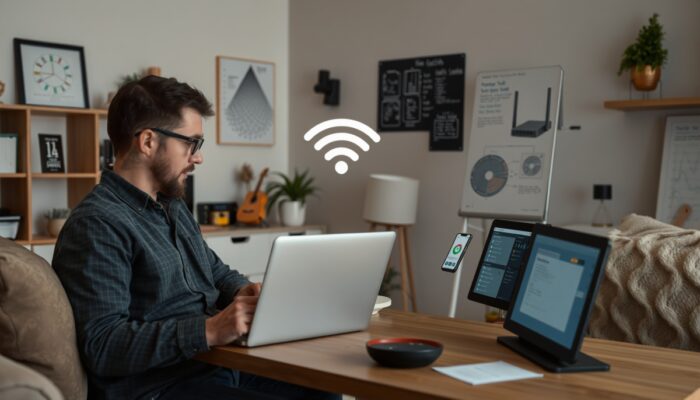 Technik w polskim domu testuje router: używa laptopa do Speedtest, sprawdza zasi?g WiFi telefonem i przegl?da fora na tablecie, w?ród diagramów i dekoracji.