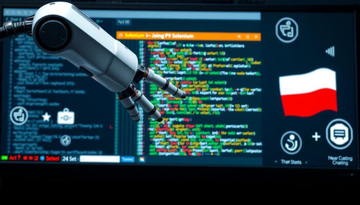 Futurystyczna r?ka robota manipuluje przegl?dark?, symuluj?c interakcje z Selenium, w tle flagi polskie i ikony JUnit, TestNG dla testów IT.