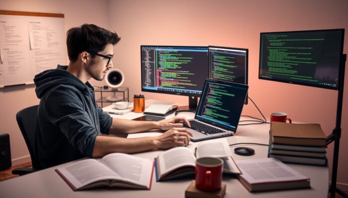 Pocz?tkuj?cy programista koduje skrypty Selenium na laptopie, otoczony ksi?żkami, kubkami z kaw? i ekranami kodu w jasnym studiu.