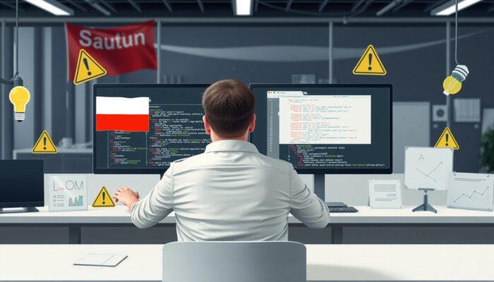 Zdeterminowany programista debuguje kod Selenium na dwóch monitorach z flag? polsk?, oknami b??dów w polskim, znakami ostrzegawczymi i żarówkami symbolizuj?cymi pu?apki, w nowoczesnym biurze.